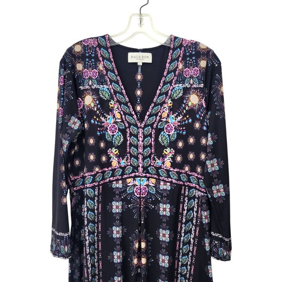 HALE BOB Jersey Midi Dress Women's Large Black Multi Floral Print V-Neck - Picture 3 of 6